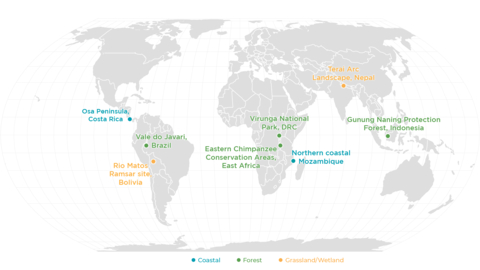 These eight vulnerable, high-biodiversity locations are the first sites for Project Centinela, implemented in collaboration with local site teams. (Graphic: Business Wire)